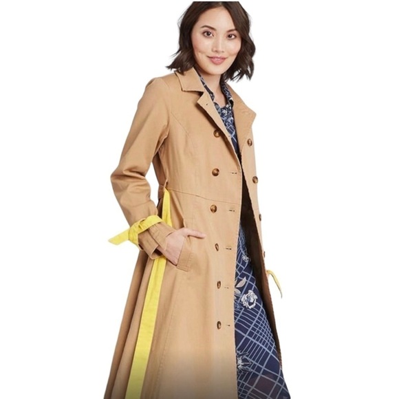ModCloth Classic Imagination Khaki & Yellow Double Breas Trench Coat Women Small - Picture 2 of 12